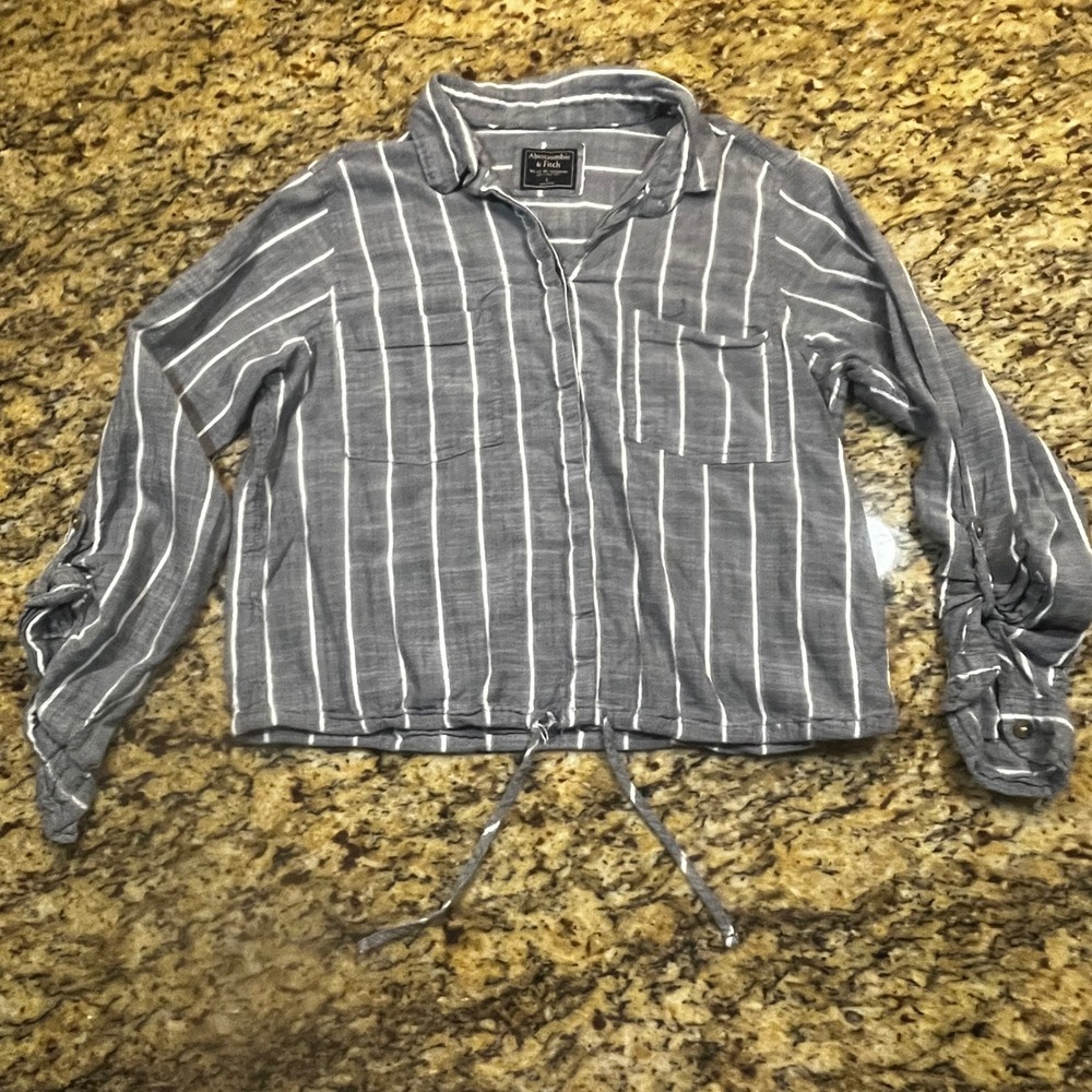 Abercrombie & Fitch Womens Grey White Striped Drawstring Hem Button Down Shirt L